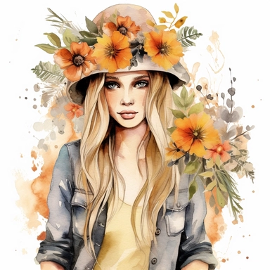 Country Girl Watercolor, Boho Girls clipart, Digital Watercolor Illustration Girl, Girl Flowers Clipart, Watercolor Fashion Girl