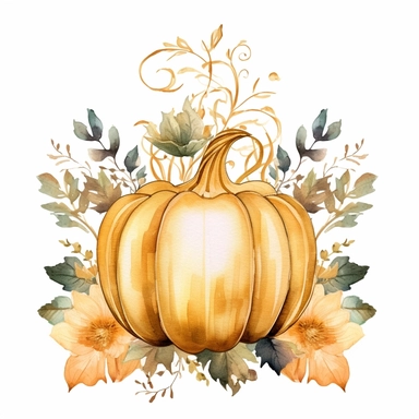 Watercolor velvet boho pumpkin with gold ornate watercolor sitting on pumpkin leaves white background clipart