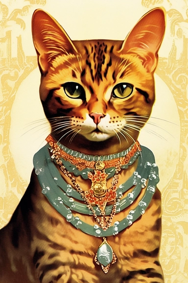 Vintage 1920 Bengal Cat wearing an elegant necklace encrusted with shimmering crystals and a matching bracelet Illustration , Chromolithograph, Die Cut, 1920s Illustration, Vintage, Chromolithograph, Colorful, Antique, Ephemera, Clipart, 8k, Isolated on white
