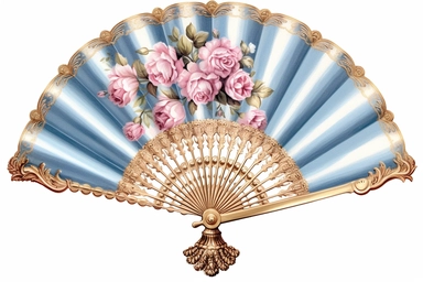 vintage illustration of a opulent rococo hand fan with blue stripes and pink roses pattern and golden handle, clipart,