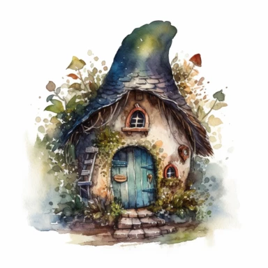 watercolor clipart of a tiny elf house with small details, magical mystcal, high quality watercolor image on white background