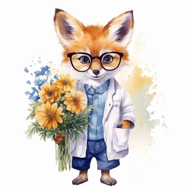 watercolor clipart, white background, cute baby fox, smile, in style doctor, In a doctor's white coat, in glasses, in the paws a bouquet of flowers, high solution
