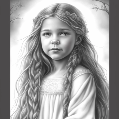 boho little girl, princess aurora, portrait, pose, very detailed and realistic, greyscale, clear image, withe background, clipart style