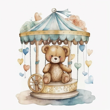 watercolor, boho style, cute, nursery art, teddy bear riding a carousel horse, waving and smiling on a white background, Clipart