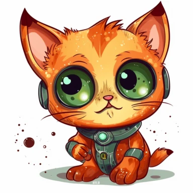 clipart of cute smiling kitten with big sparkly eyes as a martian in cartoon style with white background