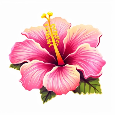 Vibrant pink hibiscus clipart against a pristine white background. The illustration features a vibrant pink hibiscus flower with showy petals and a prominent yellow stamen. The color palette includes shades of bold pink and vibrant yellow. The white background creates a clean and contemporary look, allowing the hibiscus to command attention. The lighting is bright and natural, enhancing the flower's vibrancy and exuberance. The atmosphere exudes a sense of tropical beauty and sunny warmth.
