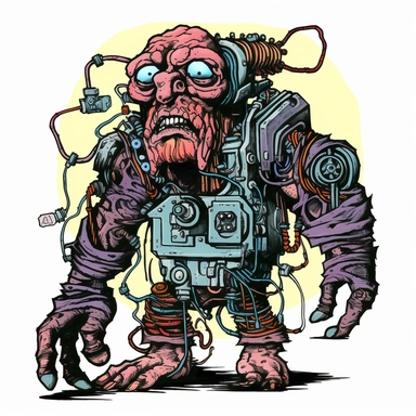 huge powerful machine troll zombie, dark electric aura, Basil Wolverton Josh Kirby Dave Gibbons, handpainted enamel punk zine indie retrowave, clipart illustration, solid white background