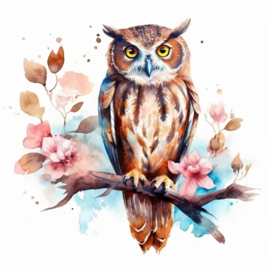 floral brown owl sitting on a branch clipart, watercolor technique, 8k detailed digital art, bright, colorful, soft lightning, sharp clear focus, detailed, sharp, on a white background
