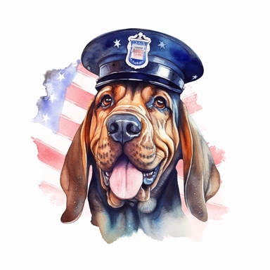 watercolor clipart, smiling Bloodhound, in style policeman, Police Badge, us flag collar, Police Uniform, police Hat or Cap, background american Flag, suitable for printing, hyper detailed, 300 dpi, 8k, high solution, no watermark