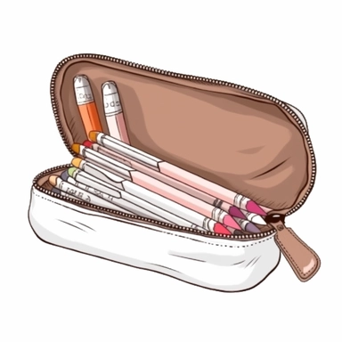 hand drawn clipart illustration of a school pencil case in neutral realistic colors, isolated on a white background, spaced out, 4k, hyper realistic