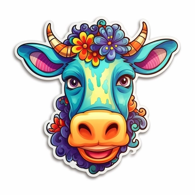 clip art sticker, cheerful cow, vibrant, on white background