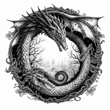 dragon ouroboros, black and white, illustration, clipart style