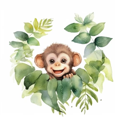 Watercolor of happy monkey in rainforest clipart, for childish cards, illustration style, on white background, detailed, hd