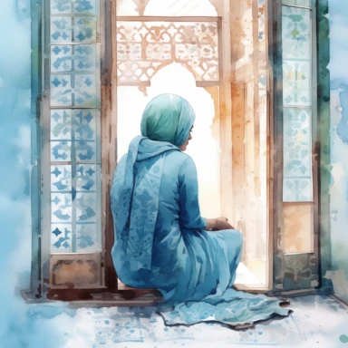 back view of a beautiful Hijabi girl wearing a baby blue hijab, reading a book that covers her face while is sitting in her moroccan house and a window is open, no face is showing, watercolor digital clipart illustration, very detailed,