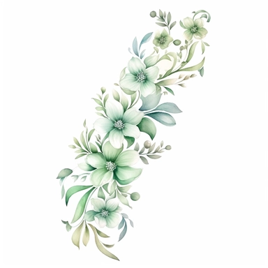 watercolor pastel green floral line for decoration, style of style of Carl Larsson, png, clipart, hd, contour white outline, isolated on white background