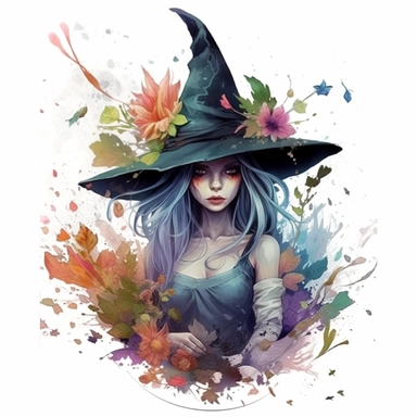 clipart, a spring witch with hat splattered on, angled view,artist yuumei style,aurorapunk, vivid realism, mixes realistic and fantastical elements,junglecore, animals and people, splatter painting,no background, different poses