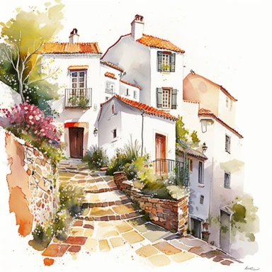 beautiful watercolor clipart of white houses on a cobbled street in a French hillside village near the Mediterranean sea, warm summer hues, compositions on an isolated white background. Bright landscapes illustrations, highly detailed