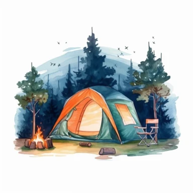camping style cute camping tent in the campground at the night with watercolor effect,night landcsape,camping tools,camping chairs and table,forest landscape,suitable for digital clipart,white background Clipart ,Cartoon,hyper realistic, intricate detail, illustration style,high solution,on the white background