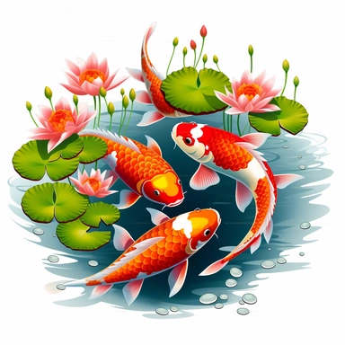 Create a clipart-style image of a cute koi fish pond on a white background. The pond should be depicted with vibrant, lively colors, with a serene and peaceful atmosphere. The koi fish should be the main focus of the image, with intricate details and a variety of bright colors, showcasing their beauty and elegance. The pond should be adorned with lily pads, water lilies, and other aquatic plants, adding to the natural and tranquil setting. The overall style should be light and whimsical, with a 