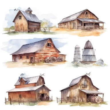 watercolor Old west style barns, illustrations clipart set, simple, , cartoon elements ,different variants , separate elements with a margin
