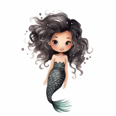 one unique realistic hand draw little black mermaid flat clipart, white background