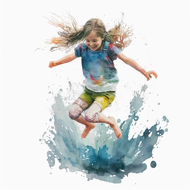girl jumping in water, watercolor clipart, white background
