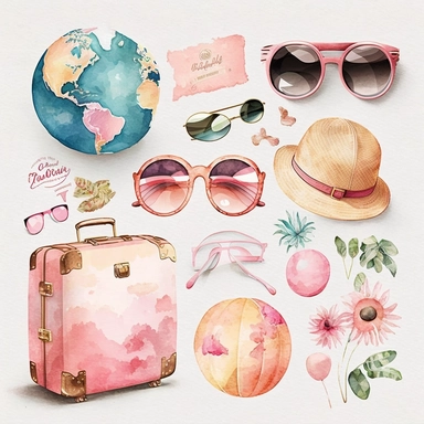 Travel Watercolor Clipart, 19 Pink girly Travel Png, luggage, airplane, sunglasses, globe