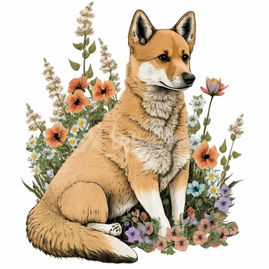 cute dingo, flowers, clipart, very detailed, white background