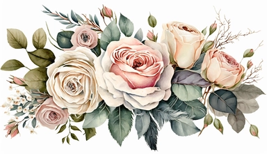 watercolor blush roses bouquet, isolated, white background, clipart