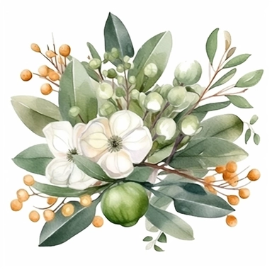 Autumn green Pumpkin, Fall Flower Bouquet, Green Leaves, Gray Eucalyptus Leaves, White Fruits, Watercolor, Clipart, Illustration, French Style, White Background