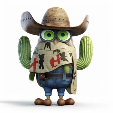 please create pixar style character clipart of owl dressed like a cowboy holding a cactus, back view of body looking at the camera in pain with head turned front view with back grills