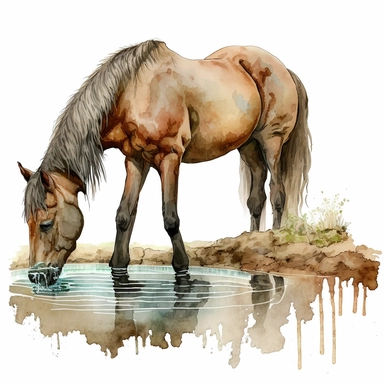 horse bending down to drink water, watercolour, clipart, artistic