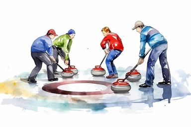 Watercolor, Create a visual of a curling team strategizing and delivering a stone on the ice clipart, hd, on a white background, spaced out