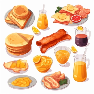 fastfood breakfast, clipart set, scrambled eggs, toast, orange juice, pancakes, sausage, bacon, isolated on white background