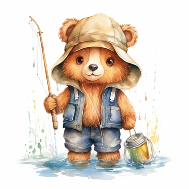 super cute happy big head baby toddler teddy bear clothed fishing fisherman fish clipart watercolor style in nature bright colors white background