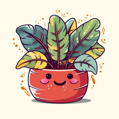 cute clipart icon of prayer plant in a pot, Maranta leuconeura, deep green, velvety leaves with yellow splotches down the midrib and arching red veins traveling to the leaf margins, smiling face inside the pot, kawaii, anime style, in white background, soft color blending, rounded