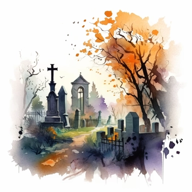 watercolor illustration of cemetery and graveyard full of leaves., in the style of sketchfab, anatoly metlan, ismail inceoglu, john lowrie morrison, chiaroscuro portraitures, gothic references, watercolor illustrations, , isolated white background, clipart,