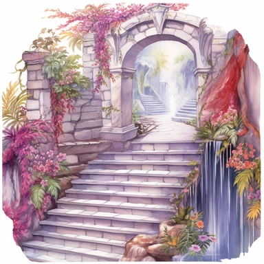 clipart, watercolor stair leading toward a waterfall, in the style of intricate, delicate flower and garden paintings, stone, rough clusters, dark white and light magenta, small brushstrokes, arched doorways, colorful gardens, white background