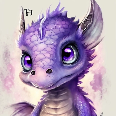 a watercolor painting of a Tiny cute adorable baby dragon looking directly into the camera and slightly smiling, dragon has little braid of hair in the centre, purplr color with purple eyes, watercolor painted effect skin, intricate details, glass eyes, skip has watercolor painting effect, soft cinematic lighting, 8k, portrait, Pixar style character, pokemon anime style octane render, upper body only, inspired by Hanns Katz, logo, pastel colors, liquid cooled, 70's, clipart, chill out, retro, fu