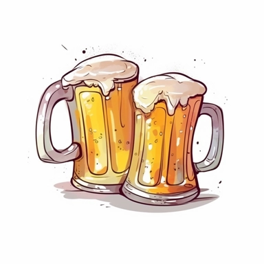 beer mugs cartoon, clip art style, water color, minimalist, bright colors, isolated white background