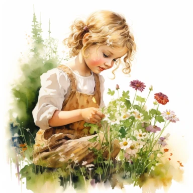 ink and watercolor mixed a beautiful little girl picking fwildflowers, with flowers in her short blond curly hair, clipart