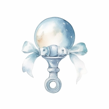 cute watercolor newborn soft blue baby rattle, watercolor effect, isolated white background, babyshower clipart, soft blue tones