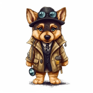 Adorable cute fantasy german shepherd dog dressed like a detective, nursery art, clipart image, lineart image, white background, very detailed, 8k