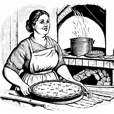 Chunky norwegian woman, baking lefse, Black and white illustration, pizza oven made of bricks, clipart, logo