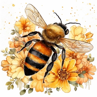 A charming watercolor honey bee clipart capturing the beauty of spring garden bees, delicate honey bee painted in warm tones of yellow and black, fuzzy body and translucent wings are depicted with intricate details, hovers near a cluster of blooming spring flowers, such as daisies, tulips, and lavender, which are painted in vibrant and harmonious colors, soft and dreamy atmosphere, each illustration focuses on the exquisite details of the honey bee, showcasing its unique beauty and importance in