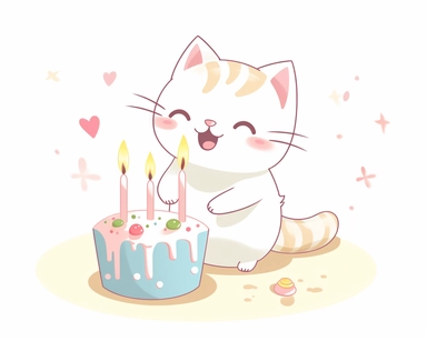Birthday cat, single cat, cute, party, clipart, kawaii, kitten, Japanese, exited, white background