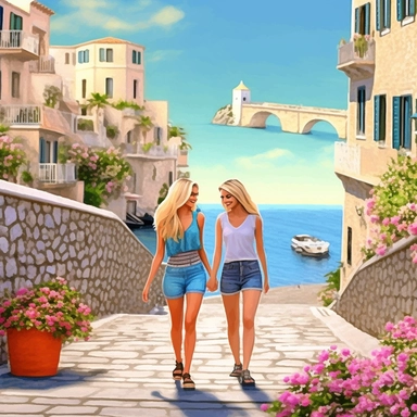 panoramic view, full view, landscape, two beautiful female best friends with blonde hair walking side by side, smiling and chatting, beautiful faces, along a cobblestone walkway in a beautiful mediterranean town with view of beautiful blue water, cascading bougavanelia, beautiful summer day, illustration clipart, photo realistic, romantic, fantasy, ethereal, sharp focus, high detail, no holding hands,