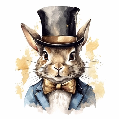 Cuddly Bunny Clipart wearing a stylish bow tie and top hat ready for a magic show in the style of oil painting, on a white background