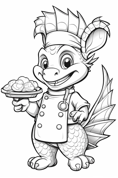draw a coloring book sticker for kids of a cute happy chef dragon in uniform in the kitchen, for a coloring book, for kids, clip art, cute cartoon, bold lines