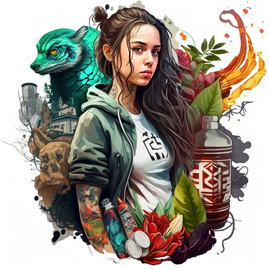 Creative graphic design, beautiful thin russian girl with brown wavy hair, green eyes, insta girl, wearing hip-hop clothes, nike shoes, asian and western culture mix, dragons, lanterns, ice cream, Ipad, collage, clipart, graphic, illustrations, 16K